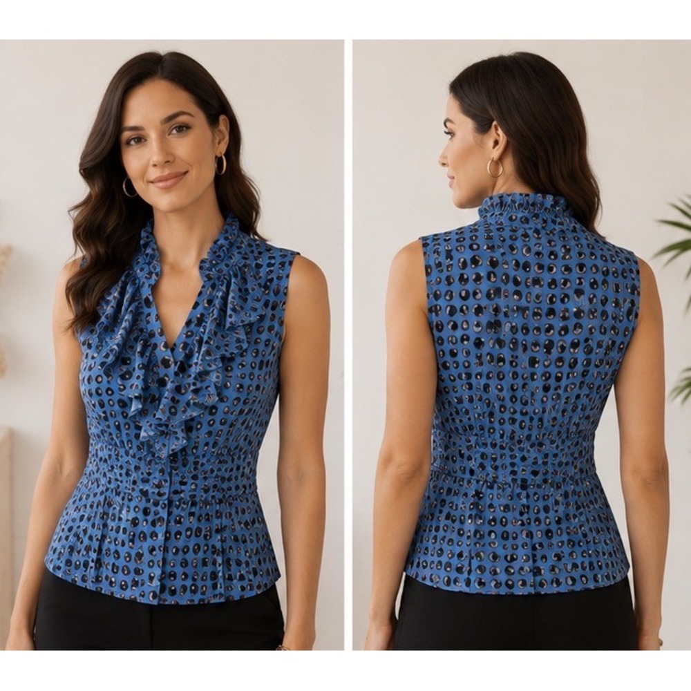 Tucker 100% Silk Ruffle Abstract Print Designer Career, Office Statement Blouse